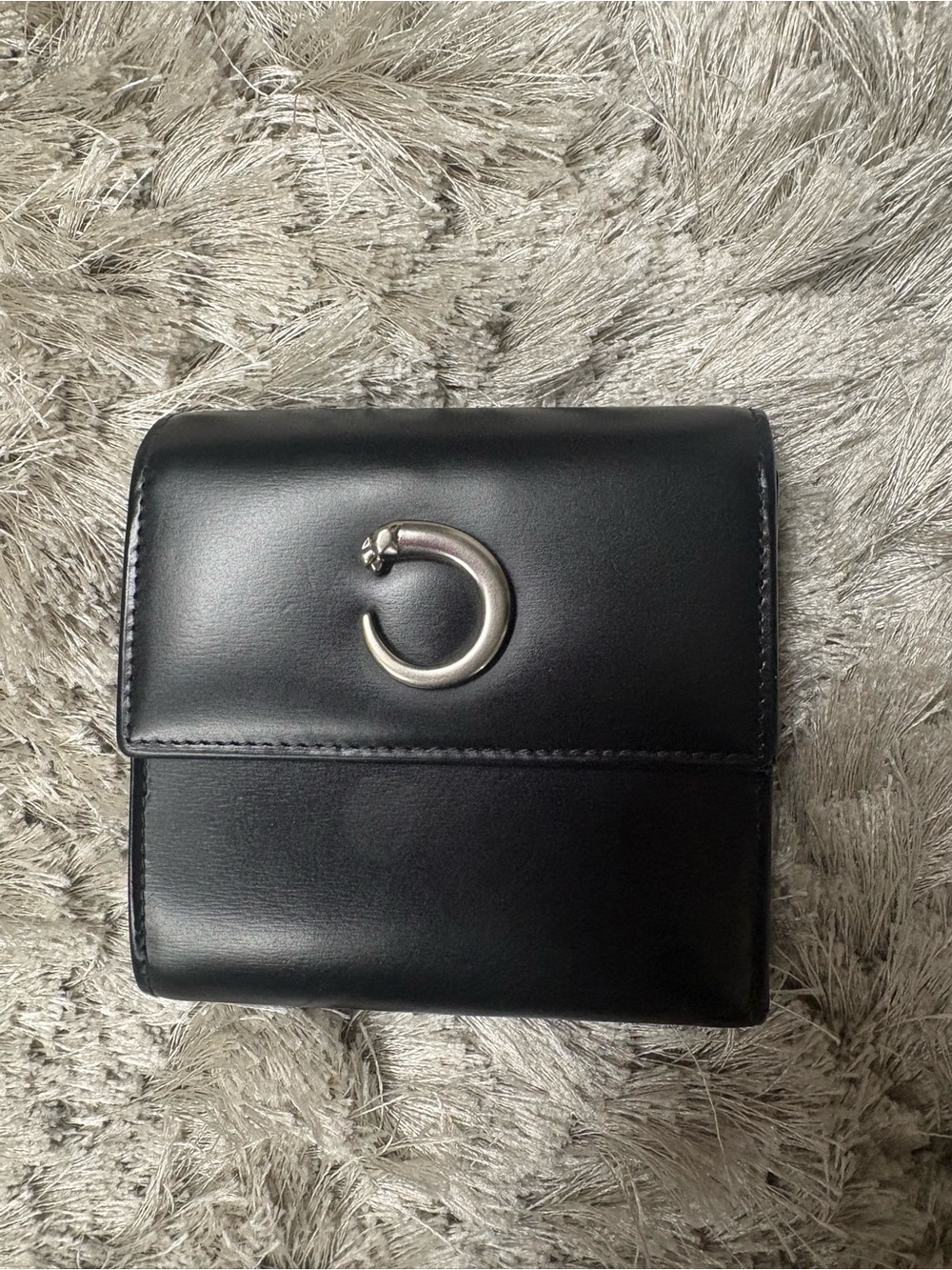 Authentic Cartier Black Leather Compact Wallet with Silver Accent